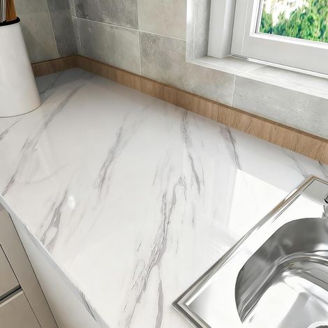 Papier Adhesif pour Meuble Marbre Blanc Gris Film Adhésif Cuisine 40cm x 200cm Revetement Adhesif Meuble Plan de Travail Autocollant Résistant à l'Eau Décoratif Salle de Bain Brillant Moderne (1/5)