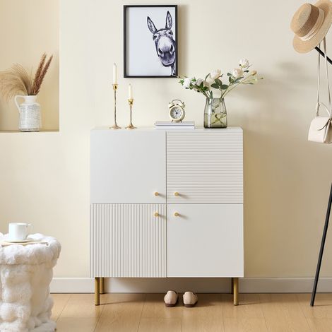 Aparador bajo 80x36x90 cm, aparador moderno de MDF con puertas acanaladas y patas de acero, estilo contemporáneo para salón o pasillo, blanco (1/5)