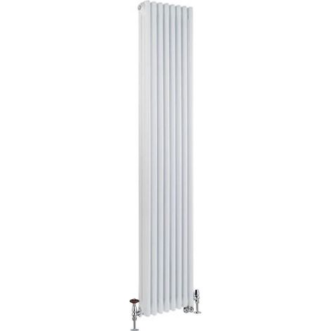 Milano Windsor White 1800mm x 380mm Cast Iron Style Vertical Triple Column Dual Fuel Electric Radiator with Angled Thermostatic Valves - Satin Valves