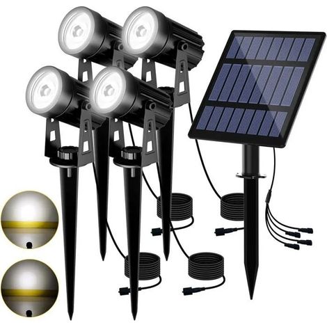 4 pièces Spot Solaire Lampe Etanche 6000K LED Projecteur Solaire avec 12M Câble pour Patio, Cour, Chemins, Arrarbres ODIPIE (1/4)