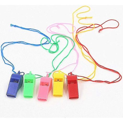 Lot de 24 sifflets de sport en plastique avec cordon, son clair et puissant, idéal pour les entraîneurs et les arbitres. Couleur aléatoire. (1/5)