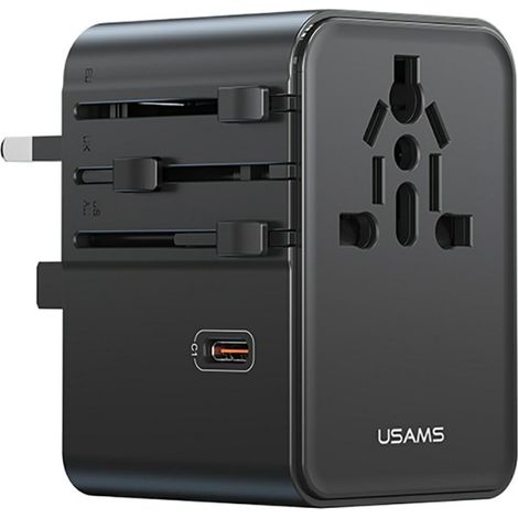 Adaptador de viaje usams de 70 W con 3 puertos USB-C, color negro. (1/5)