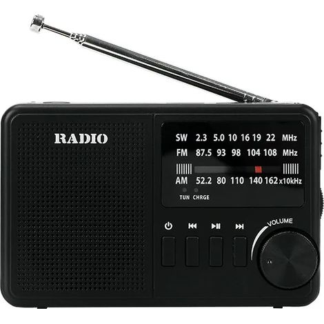 (Noir) Radio à bande complète, prend en charge les bandes FM, AM et SW, avec alarme SOS, lampe torche LED, haut-parleur Bluetooth sans fil et lecteur MP3. (1/5)