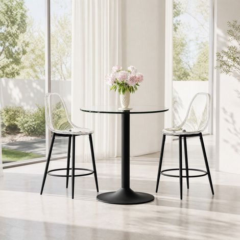 Tavolo bar rotondo 89 cm in vetro e metallo nero con 2 sgabelli, per cucina open space – MEUBLIV (1/5)