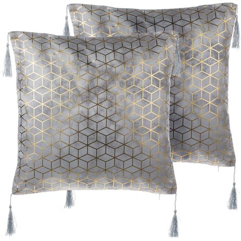 Conjunto de cojines decorativos plateado jacquard 45 x 45 cm con borlas patrón geométrico decoración moderna glam Camellia