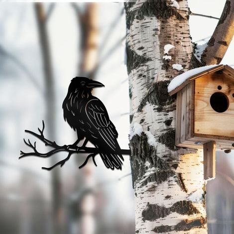 Décoration murale en métal représentant un corbeau sur une branche, silhouette d'oiseau sur une branche pour arbre, jardin, terrasse ou patio. (1/5)