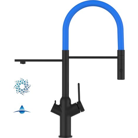 Rubinetto 4 vie miscelatore cucina Nero Opaco con canale separato per acqua filtrata, canna azzurra movibile e doccia due getti staccabile - serie BOD (1/5)