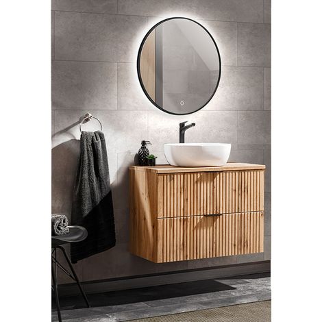 Badmöbel Set Wotaneiche Rillenoptik 80cm LED-Spiegel rund & Waschtisch mit Unterschrank 40 cm Keramik Waschbecken (1/5)