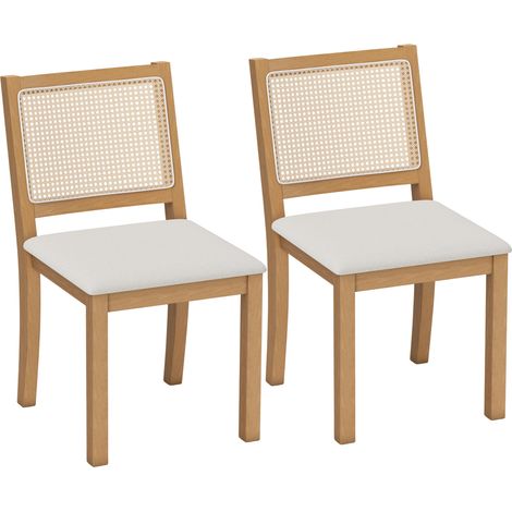 Lot de 2 chaises de salle à manger - HOMCOM - assise rembourrée dossier effet rotin - tissu aspect lin - 47x56x85cm - crème et chêne (1/5)