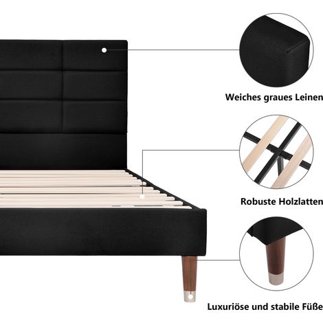 Lit capitonné double 140x200cm avec sommier à lattes et tête de lit, cadre matelassé en lin gris anthracite, pour adulte et ado, sans matelas inclus. (1/5)