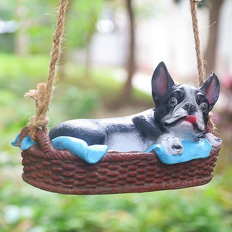 Gartendekoration [Schaukelbulldoggen-Statue] aus robustem, schwarzem Kunstharz mit wunderschönen, leuchtenden Augen, Geschenk für Haustiere, originelles Design (1/5)