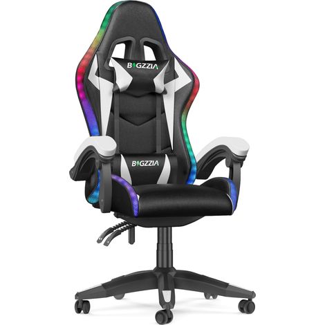Ergonomischer Gaming-Stuhl mit RGB-LED-Beleuchtung – Hohe Rückenlehne mit 155° Neigung – Kunstleder – Belastbarkeit: 136 kg – 360° drehbar – Weiß