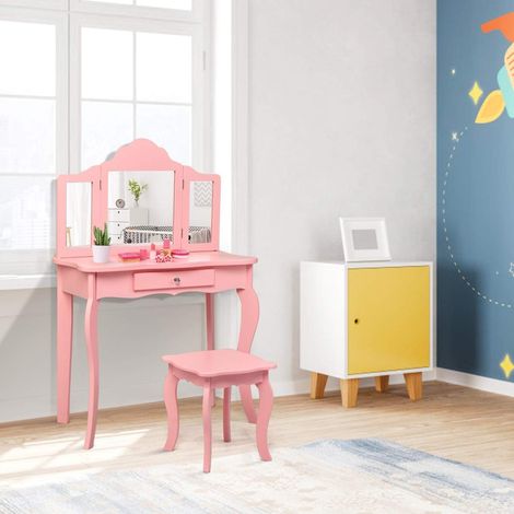 COSTWAY Kinder Schminktisch mit Hocker und Abnehmbarer Spiegel, Maedchen Frisiertisch Holz, Kindertisch mit Schublade, Spiegeltisch 70x34x103cm Rosa (1/5)