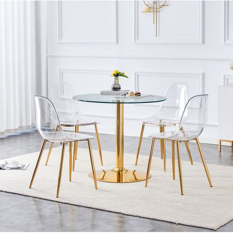 MEUBLIV Ensemble table et chaises 4 places, ronde 85 cm, transparente et dorée (1/5)