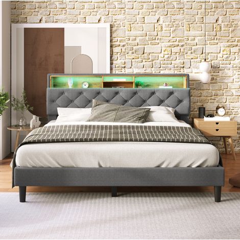 Letto imbottito in legno massello grigio 140x200 cm con testiera contenitore, LED e rete a doghe inclusa (1/5)