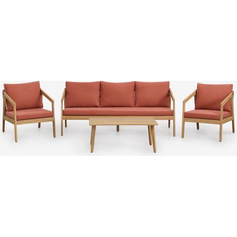 SKLUM Gartenset mit 3-Sitzer-Sofa, 2 Sesseln und Couchtisch aus Akazienholz und geflochtenem Seil Kaela Helles Akazienbraun