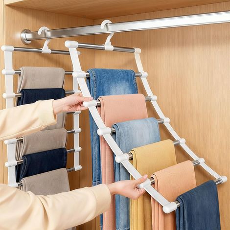 2 x Foldable 6 Tier Stainless Steel Trouser Hanger Space Saving Wardrobe for Trousers,Belts,Scarves,Towels,Sheets (1/5)