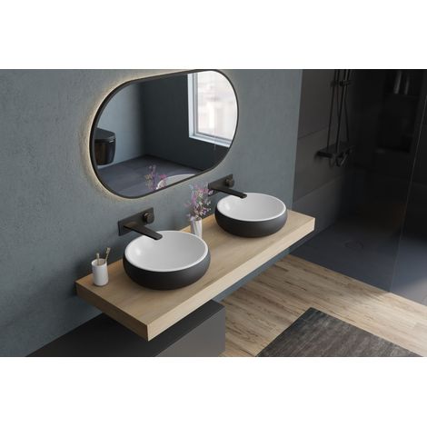 BERNSTEIN - Lavabo de pedestal redondo Lavabo de mineral fundido Baño - NT8559 - Diámetro 40cm Con desagüe y tapa negra, Negro/Blanco Con desagüe, con adicional Bisel negro, Negro/blanco mate