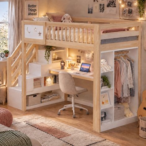 Cama alta infantil 90x200 madera con escritorio, LED, enchufes, armario, escalera y barrera luna y estrellas, blanco y natural (1/5)