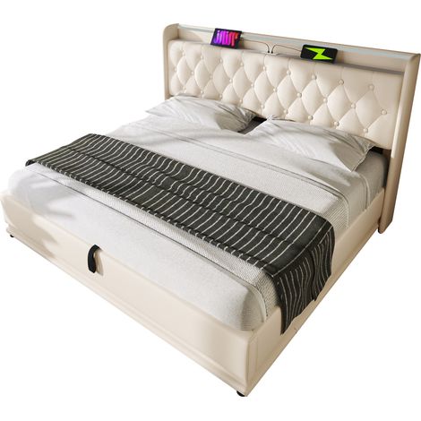 CHICFURN Lit coffre 140x190 cm blanc, LED 360° avec télécommande, ports USB et Type-C, tête de lit capitonnée, rangement hydraulique, structure bois métal (1/5)