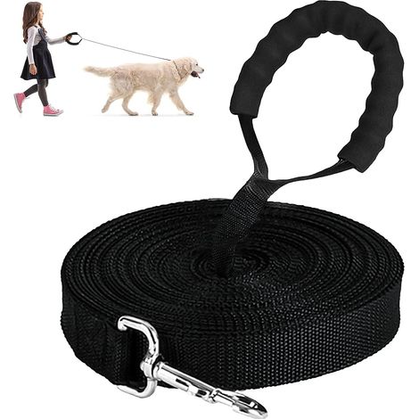 Laisse pour chien en nylon de 15 m avec poignée rembourrée (noir)