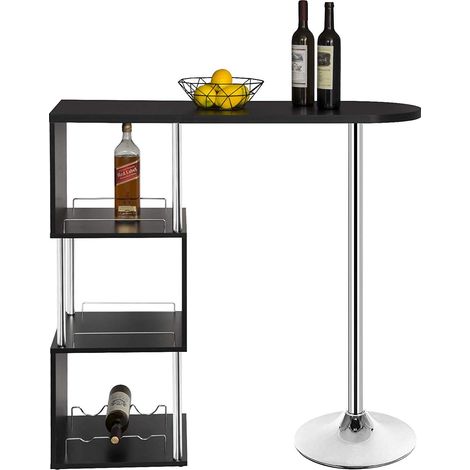 Woltu – Table de bar-bistrot MDF et métal – 113x40x105cm – 3 tablettes et porte-bouteilles – Noir – Meuble bar multifonctionnel