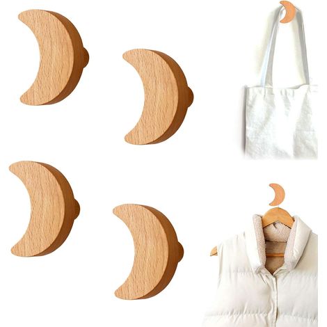 Crochet Murale En Bois De Hêtre - Crochet Porte-Manteau Sans Perçage - Charge Maximale 5 Kg Par Crochet - Pour Entrée Couloir Cuisine Bureau - Lot De 4 (1/5)