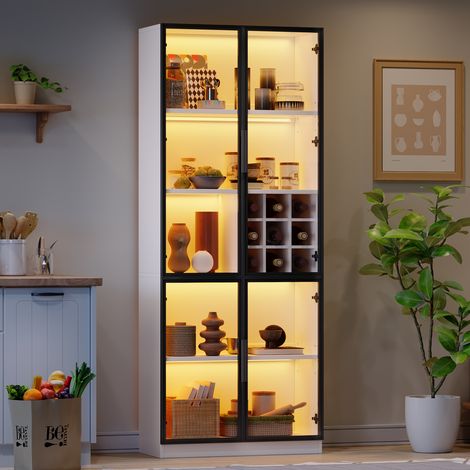 Vitrine 80x35x200 cm - Avec éclairage LED - Avec rangement pour le vin - 2 portes vitrées - Blanc (1/5)