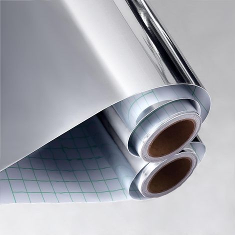 Papier peint argenté réfléchissant pour mur - 40 x 200 cm - Dos adhésif - Feuille miroir flexible - Autocollants muraux pour meubles, emballage de fête et travaux manuels (1/5)