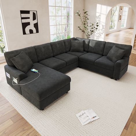 Canapé d'angle moderne en U avec 1 méridienne,port USB+Type-C,3 coussins,poches latérales,canapé 6 places en chenille et velours côtelé,gris (1/5)