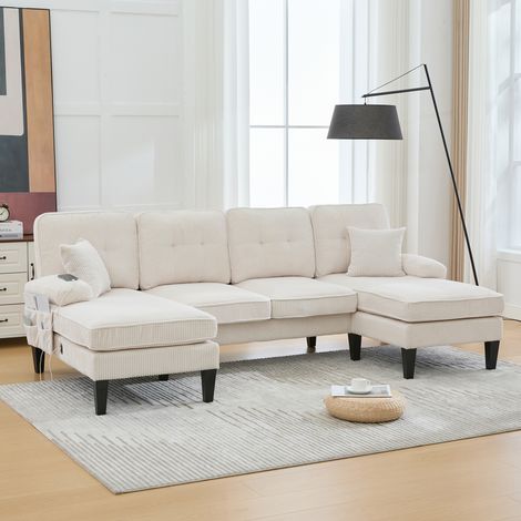 Sofá en U 250x130x88 cm beige de pana 4 plazas con doble chaise longue, bolsillos laterales y USB/Type-C (1/5)