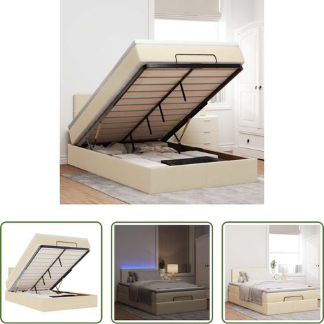 Sommeil confortable -  Lit ottoman avec matelas et LED crème 120x190 cm tissu (1/5)