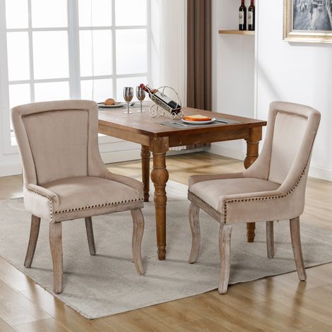 chaise de cuisine, chaise de salon, rembourrée avec garniture cloutée, pieds en bois massif, housse en velours, beige, 2 Pcs (1/5)