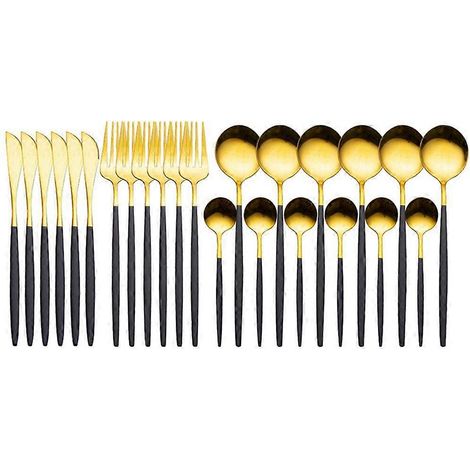 Ensemble de couverts en acier inoxydable de 24 pièces, comprenant cuillères, fourchettes et couteaux couverts de style occidental noirs et dorés. (1/5)