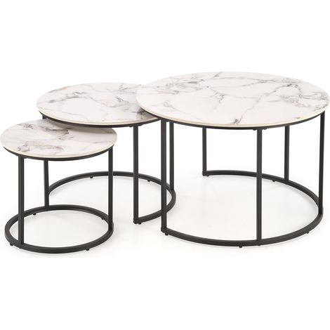 Conjunto mesa de centro Houston 1884, Negro + Mármol blanco, 50x0x0cm, Diámetro: 80, Piedra sinterizada, Redonda