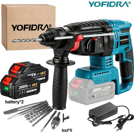 Perceuse à Percussion Électrique 26mm – Rotative 180° avec Mandrin Métallique. 4 Vitesses pour Béton et Acier. Compatible Batteries (2 batteries avec outils).