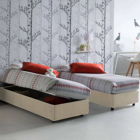 Talamo Italia Cama individual Melissa, Cama contenedor con revestimiento de tela, 100% Made in Italy, Apertura lateral, adecuado para colchón 80x190 cm, Beige, con embalaje reforzado (1/3)
