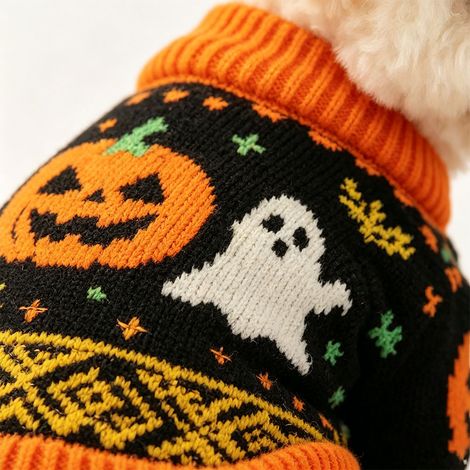 Pull Halloween pour animal taille L（4.0‑6.0 kg）, tricot chaud motif citrouille pour chien et chat, vêtement automne hiver confortable - Multicolore (1/5)