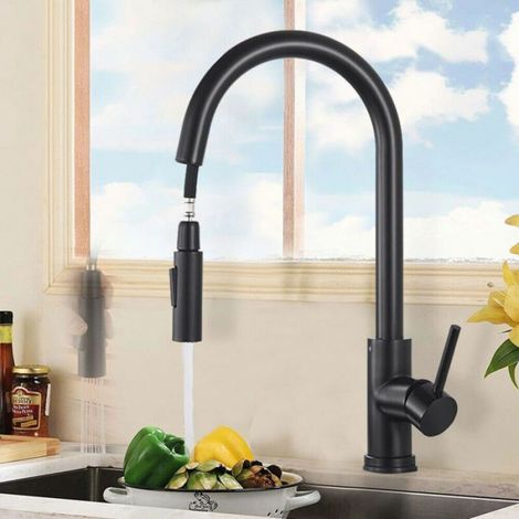 Robinet de cuisine avec douchette extractible Noir mat Pivotant à 360° Mitigeur d'évier de cuisine (1/5)