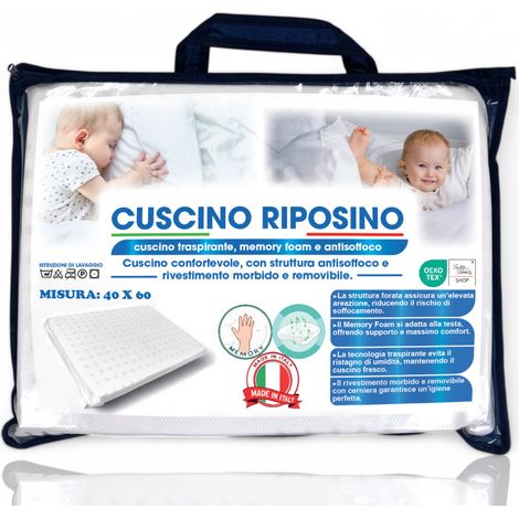 Cuscino Riposino Baby Memory Foam 40x60 cm - Traspirante, Antisoffoco, Sfoderabile - Made in Italy