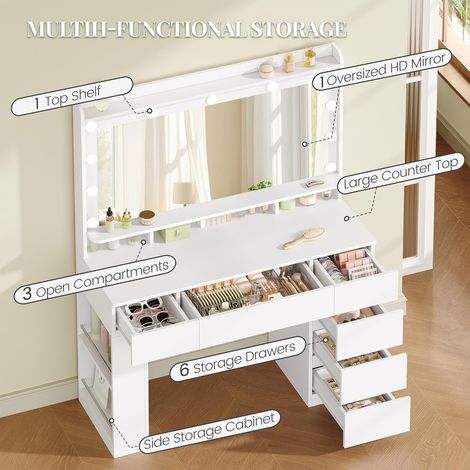 108 cm Coiffeuse avec Grand Miroir, Coiffeuse avec éclairage LED, Table de Maquillage avec 6 Tiroirs et Compartiments de Rangement Latéraux Ouverts, Blanc (1/5)