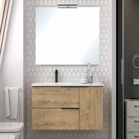 Meuble de salle de bain 80cm vasque déportée - 2 tiroirs - roble (chêne clair) - KING