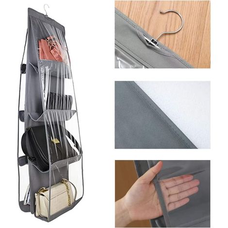 Hängender Handtaschen-Organizer, Handtaschen-Aufbewahrung, 8 Taschen, hängender Handtaschen-Organizer, Oxford-Stoff, Schrank-Organizer, waschbar (grau)