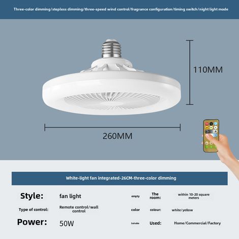 Grenzüberschreitender LED-Ventilator mit Energiesparfunktion, E27-Schraubsockel, dreifarbig, geräuscharm, Fernbedienung (50 W, weiß)