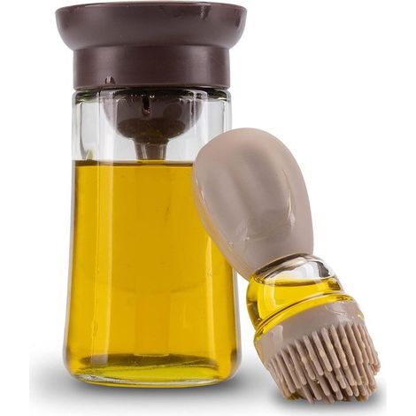 Pennello per olio 2 in 1, dispenser per olio, pennello in silicone, bottiglia di vetro da 180 ml, olio, aceto, pennello da cucina, beige, marrone chiaro