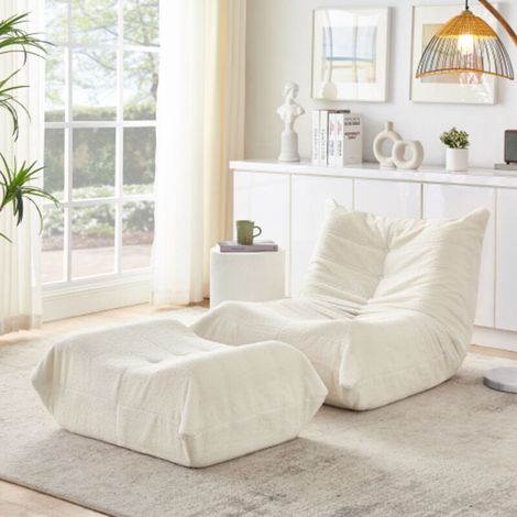 fauteuil de lecture souple en fève de haricot recouvert de fourrure synthétique Teddy, canapé individuel au sol confortable pour salon, chambre à coucher, bureau ou appartement, couleur beige (1/5)