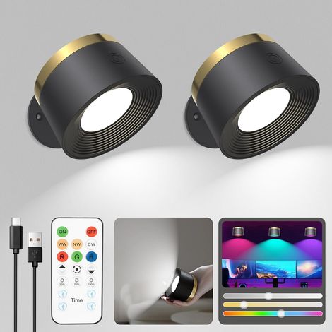 Applique Murale LED Sans Fil - Télécommande Intérieure - 3 Niveaux De luminosité Et 13 RVB - Magnétique Rotative à 360° - Pour Salon, Chambre à Coucher, Escalier, Couloir (2 Pièces Noir) (1/5)