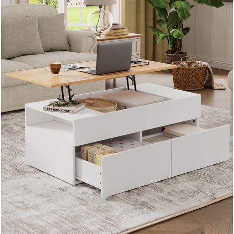 Mesa de centro de aglomerado blanco 100 x 50 cm, tablero elevable con 2 cajones y almacenaje (1/5)