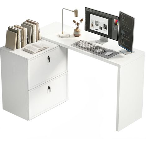 HOMCOM escritorio reversible en forma de L, mesa de escritorio con 2 cajones archivadores, diseño moderno para espacios pequeños, blanco