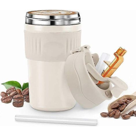Isolierbecher (480 ml) mit Strohhalm. Isolierbecher aus Edelstahl. Auslaufsichere Isolierflasche. Reisebecher für heiße und kalte Getränke (weiß). (1/5)